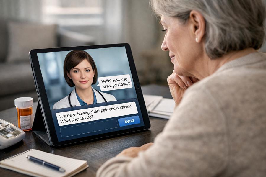 Elderly female patient consulting an AI chatbot