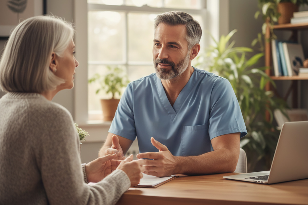 A male primary care physician in blue scrubs sitting at a wooden desk, engaging in a meaningful longitudinal health conversation with an older female patient in a bright, modern office.